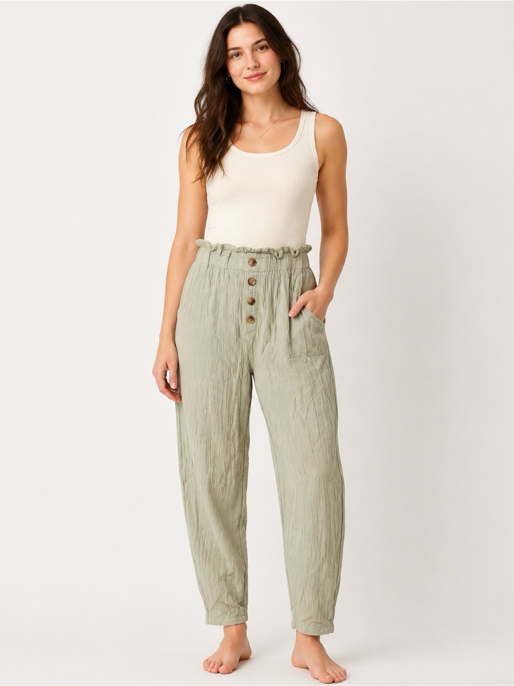Women’s Small Sage Green Button Front Crinkle Pants
